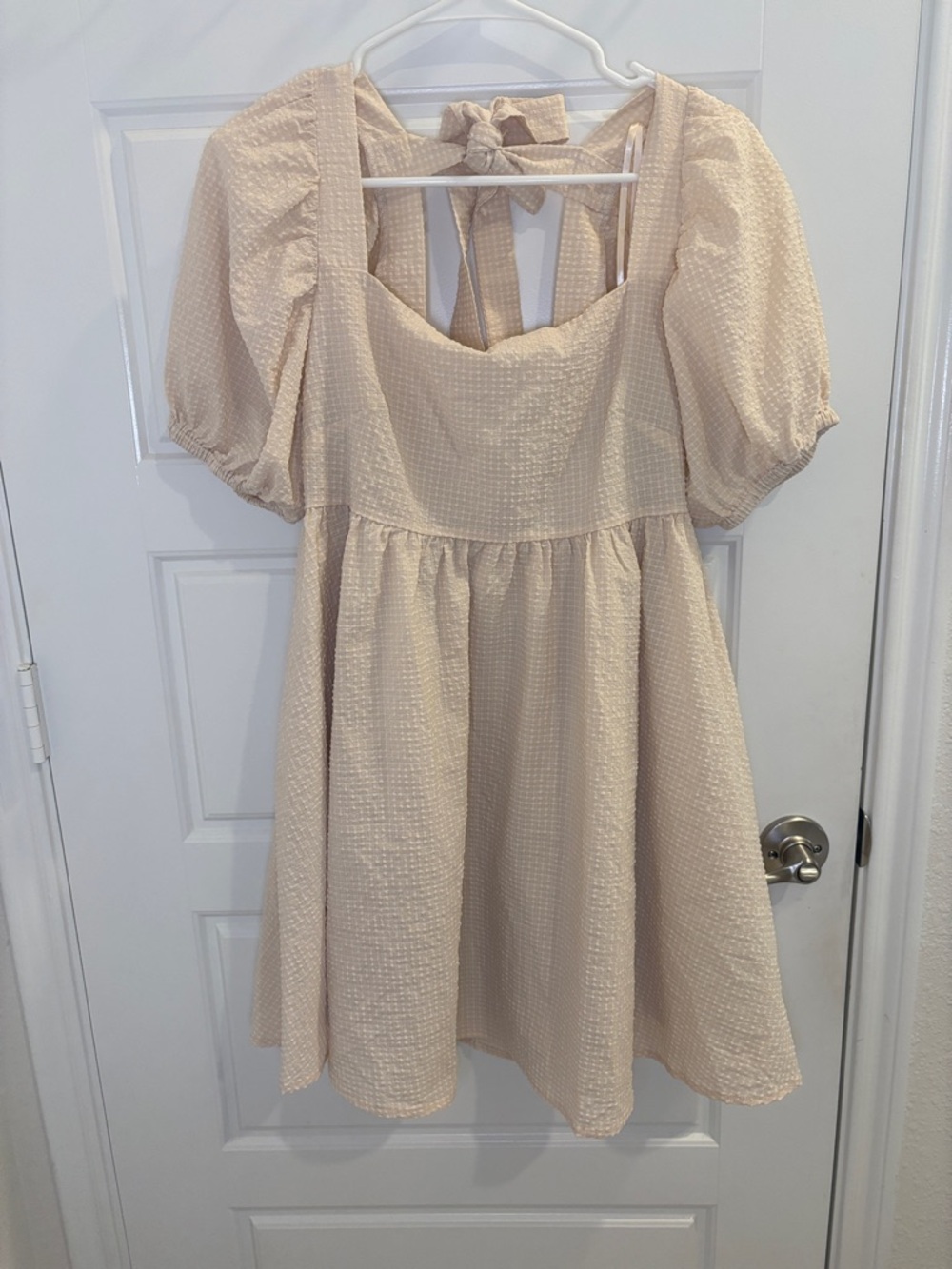 Mable Cream Textured Babydoll Dress Puff Sleeve Bow Back Mini Size M